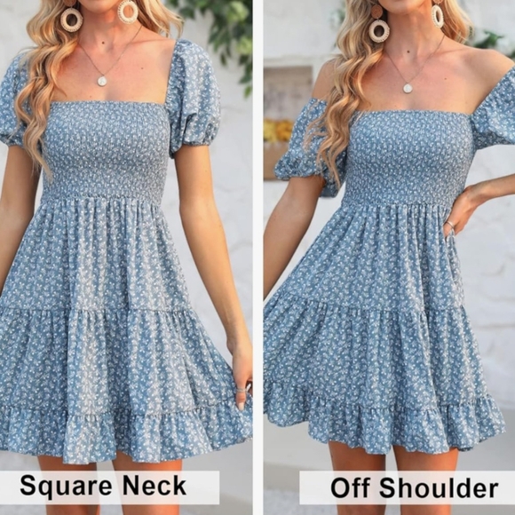 Dresses & Skirts - Women's Puff Sleeve Square Neck Smocked & Floral Print
